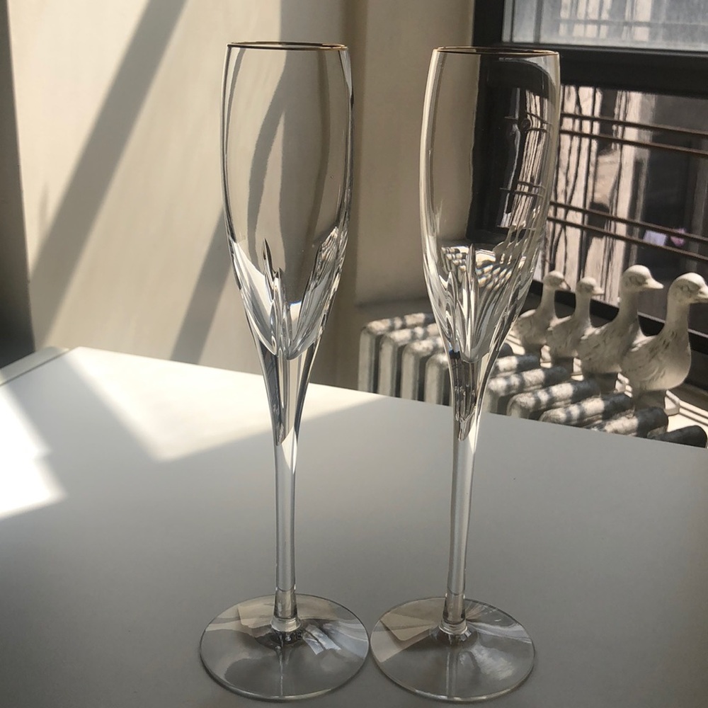 Pair of Lenox Firelight Crystal Flutes - Gold rim